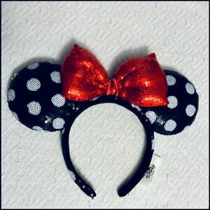 Disney Brand Headband, Full Sequin Black & White Polka Dot w/ Red Bow